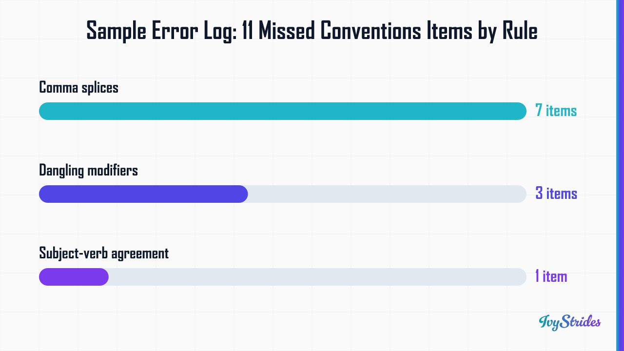 Bar chart showing a student's 11 missed SAT Conventions items broken down by rule: 7 comma splices, 3 dangling modifiers, 1 s