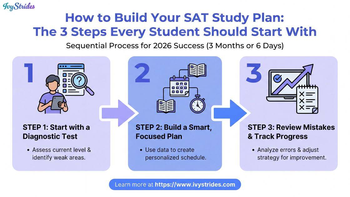 Visual representation of three steps to build an effective SAT study plan for students.