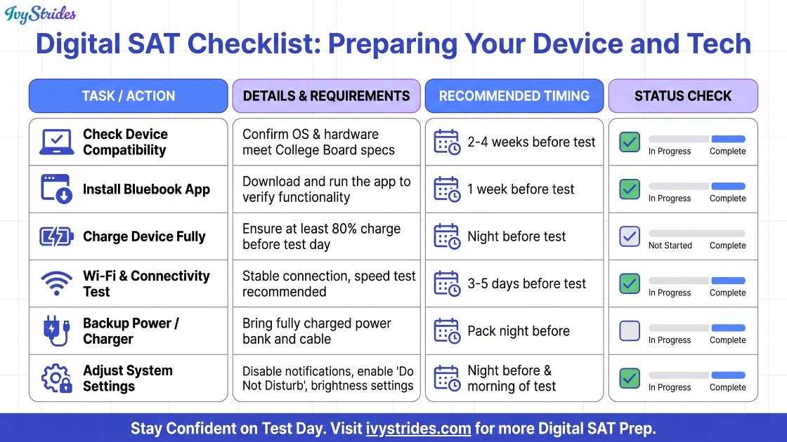 Infographic detailing essential tech preparations for the Digital SAT, including device checks and software updates.