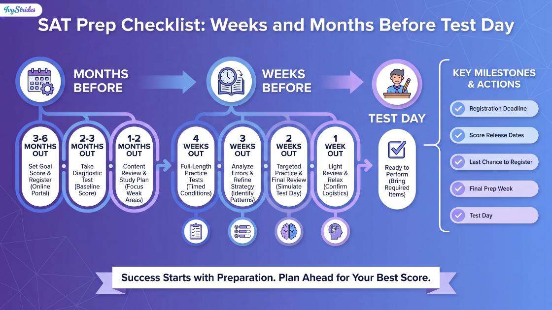 Timeline infographic illustrating SAT preparation milestones leading up to test day.