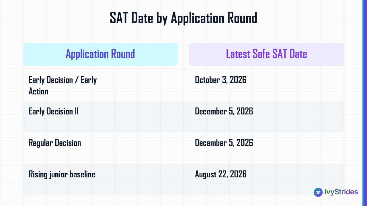 Comparison table mapping each college application round to the latest safe SAT test date for 2026-2027