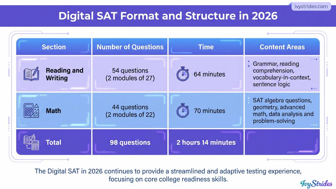 Infographic illustrating the Digital SAT format and structure for 2026, highlighting key components.