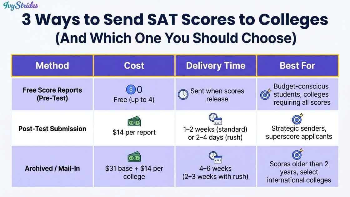 Comparison chart of methods to send SAT scores to colleges.