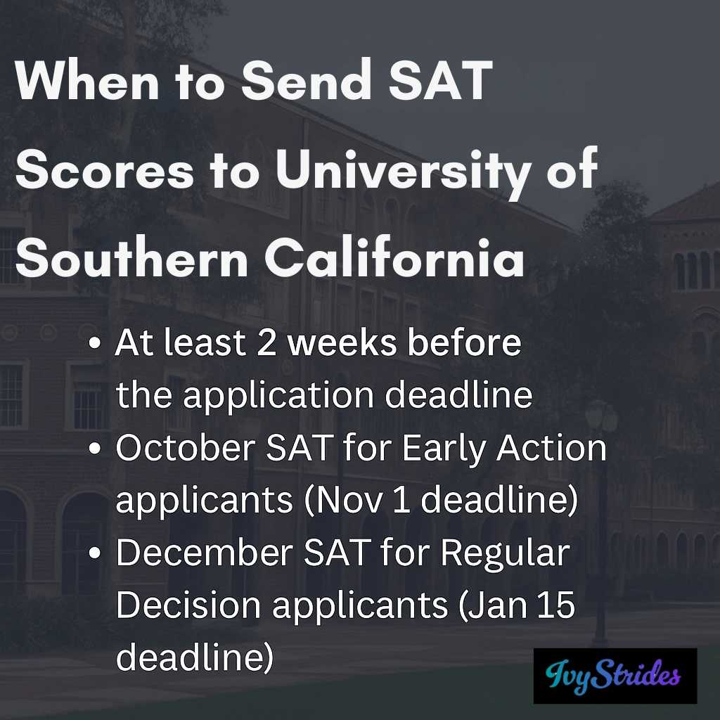 Infographic listing ideal SAT submission times for USC, including the October SAT for EA, and the December SAT for RD.