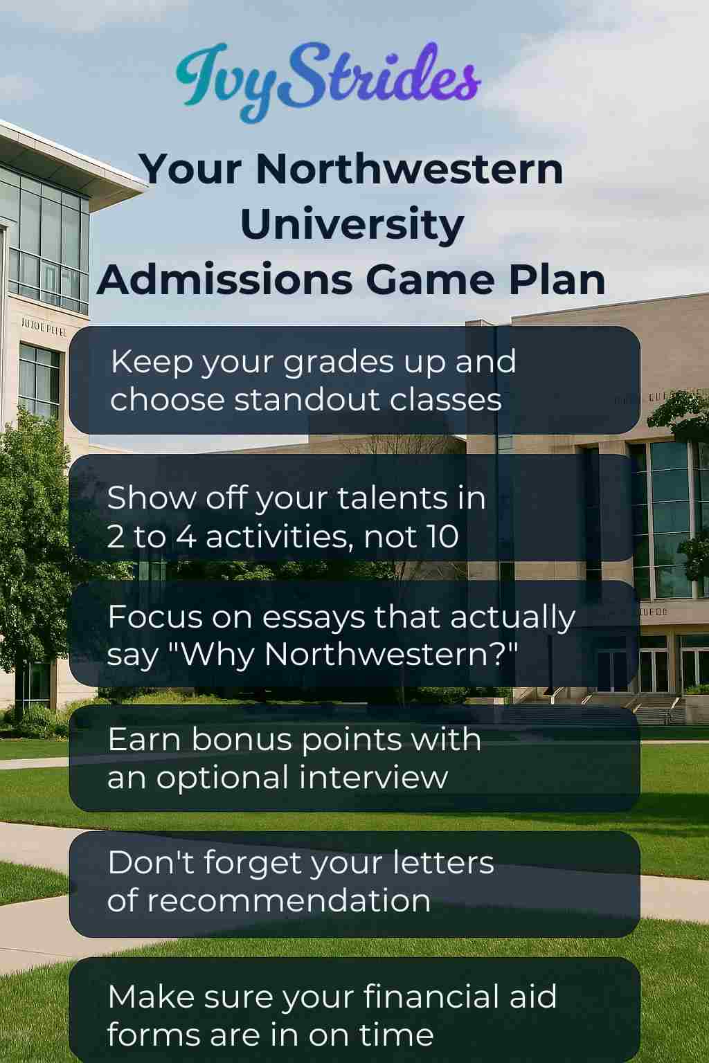 Northwestern campus backdrop listing key admissions tips including grades, essays, interviews, recommendations, and aid.