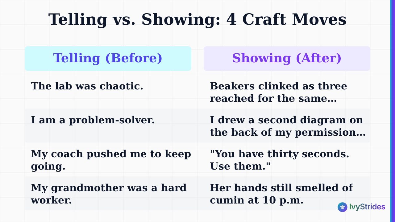 Comparison table showing four before-and-after examples of telling vs. showing in college essays using craft moves