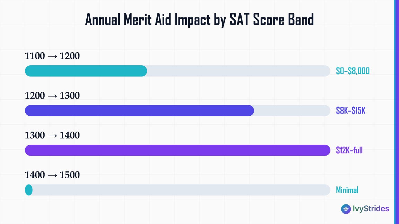 Horizontal bar chart showing annual merit aid impact of a 100-point SAT gain across four score bands, peaking at 1300–1400.