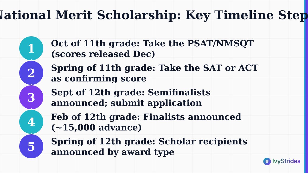 5-step National Merit Scholarship timeline from PSAT in junior year to Scholar announcement in senior spring