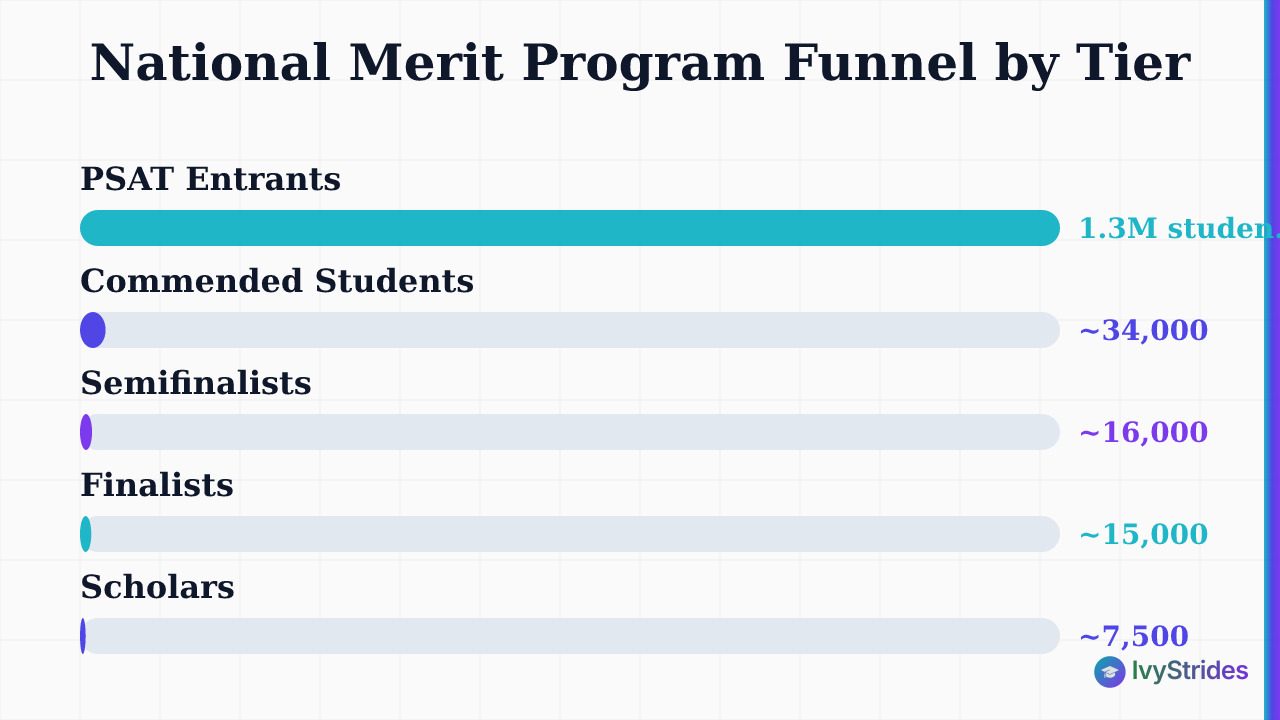 Bar chart showing National Merit funnel: 1.3M entrants narrowing to 34K Commended, 16K Semifinalists, 15K Finalists, 7.5K Sch