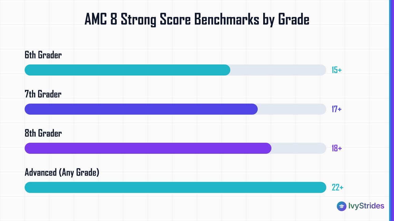 Horizontal bar chart showing AMC 8 strong score thresholds by grade: 15+ for 6th, 17+ for 7th, 18+ for 8th, 22+ for advanced 