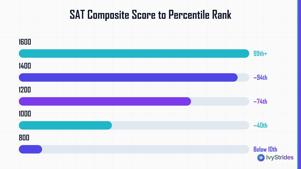 Horizontal bar chart showing SAT composite scores from 800 to 1600 mapped to approximate national percentile ranks.
