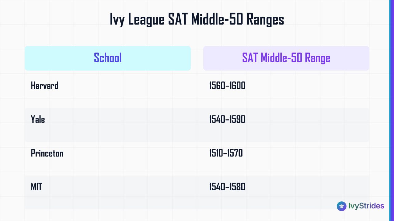 Comparison table of SAT middle-50 score ranges for Harvard, Yale, Princeton, MIT, and Stanford admissions