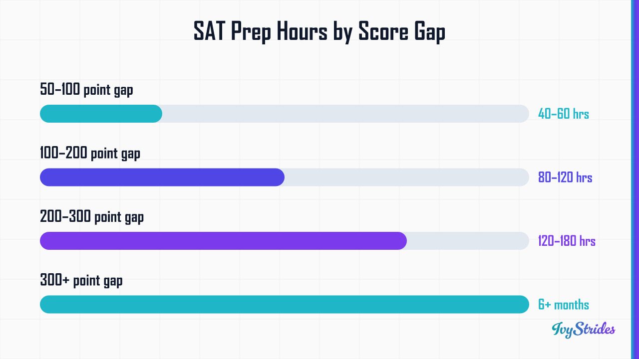 Horizontal bar chart showing SAT prep hours required by score gap: 40–60 hrs for 50–100 pts, up to 6+ months for 300+ pts.